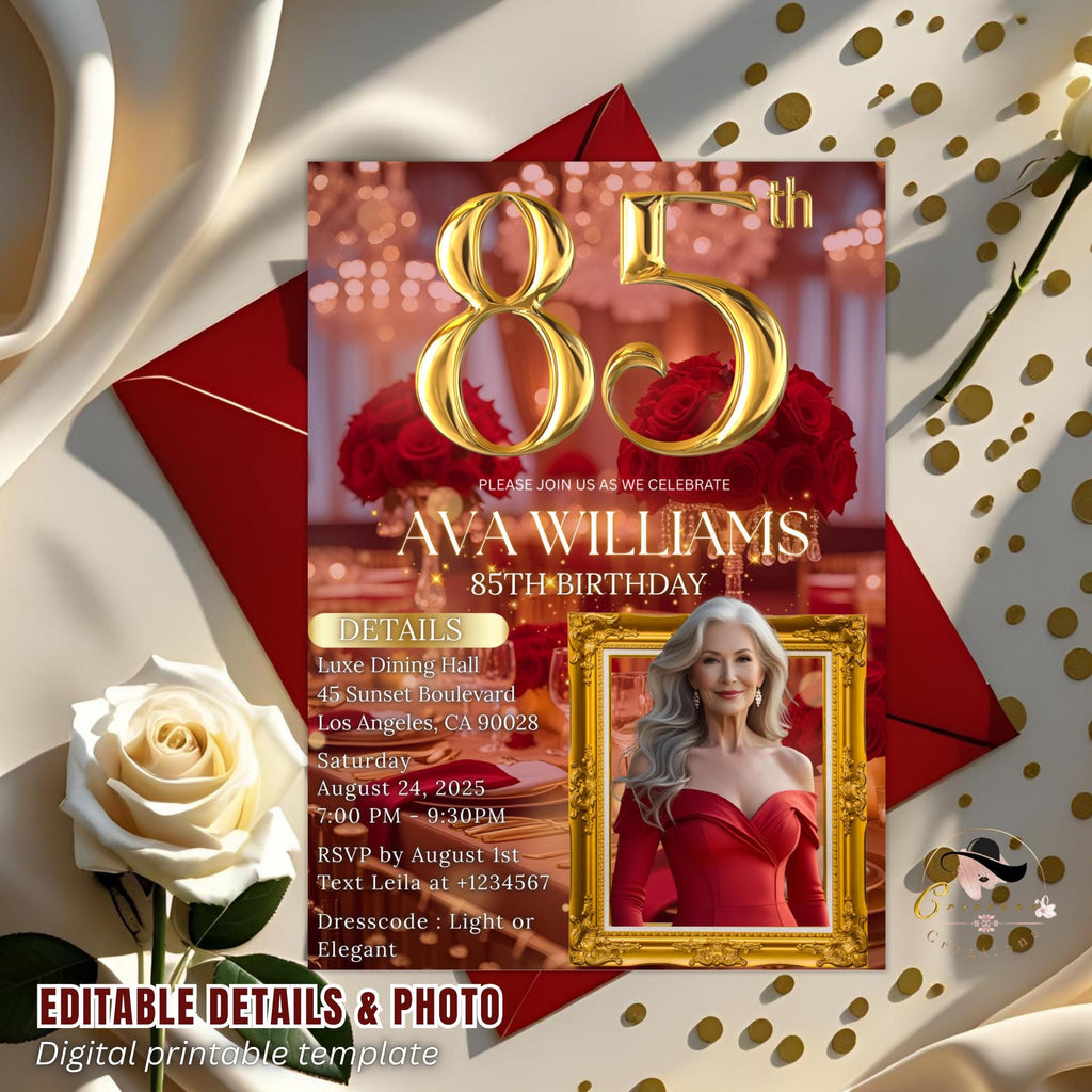 Digital 85th Birthday Invitation with photo Red Gold 85th Birthday Dinner invite Woman Glam Luxury Floral Brunch Party Printable Template