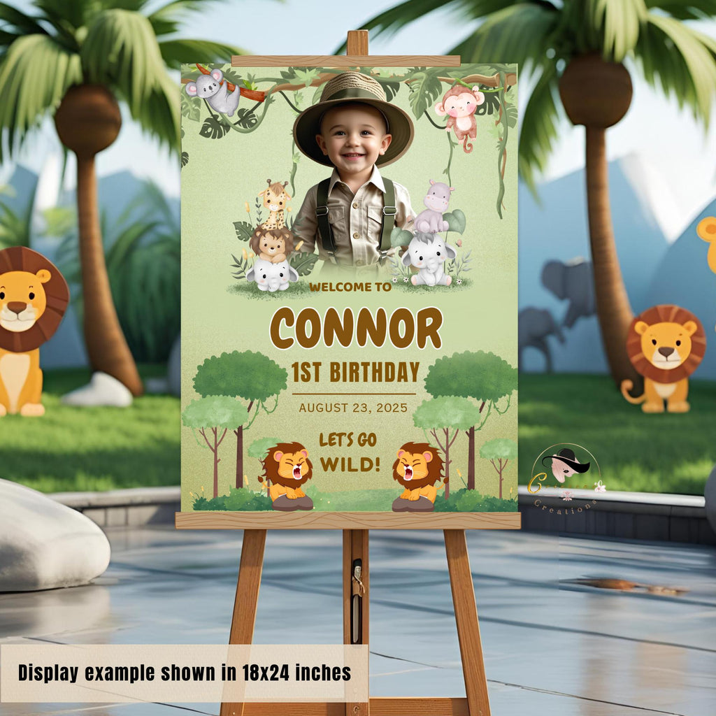 Safari Birthday Welcome Sign Kids Party sign Template Jungle Theme 1st Birthday Sign with photo Editable Wild One Printable Poster Board
