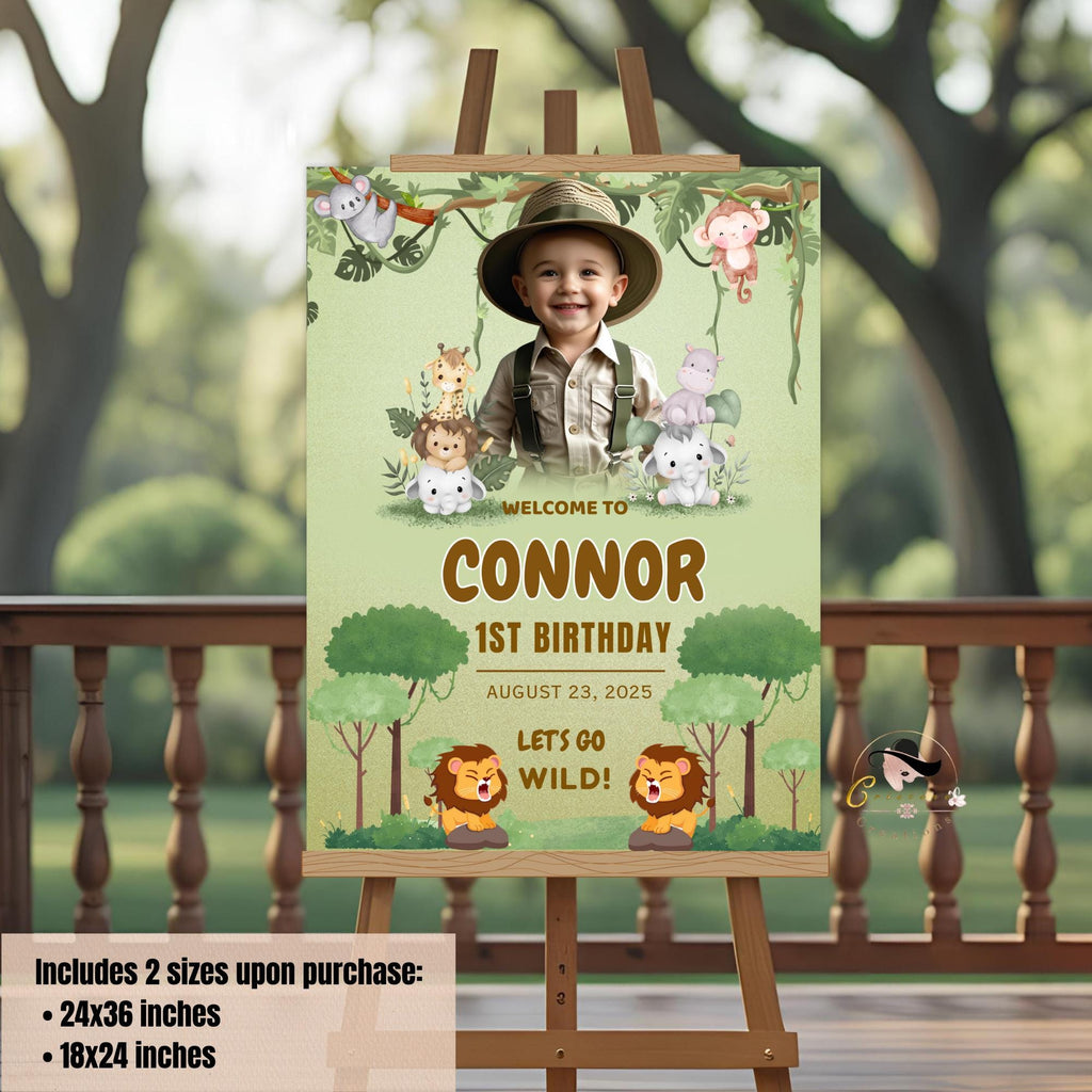 Safari Birthday Welcome Sign Kids Party sign Template Jungle Theme 1st Birthday Sign with photo Editable Wild One Printable Poster Board
