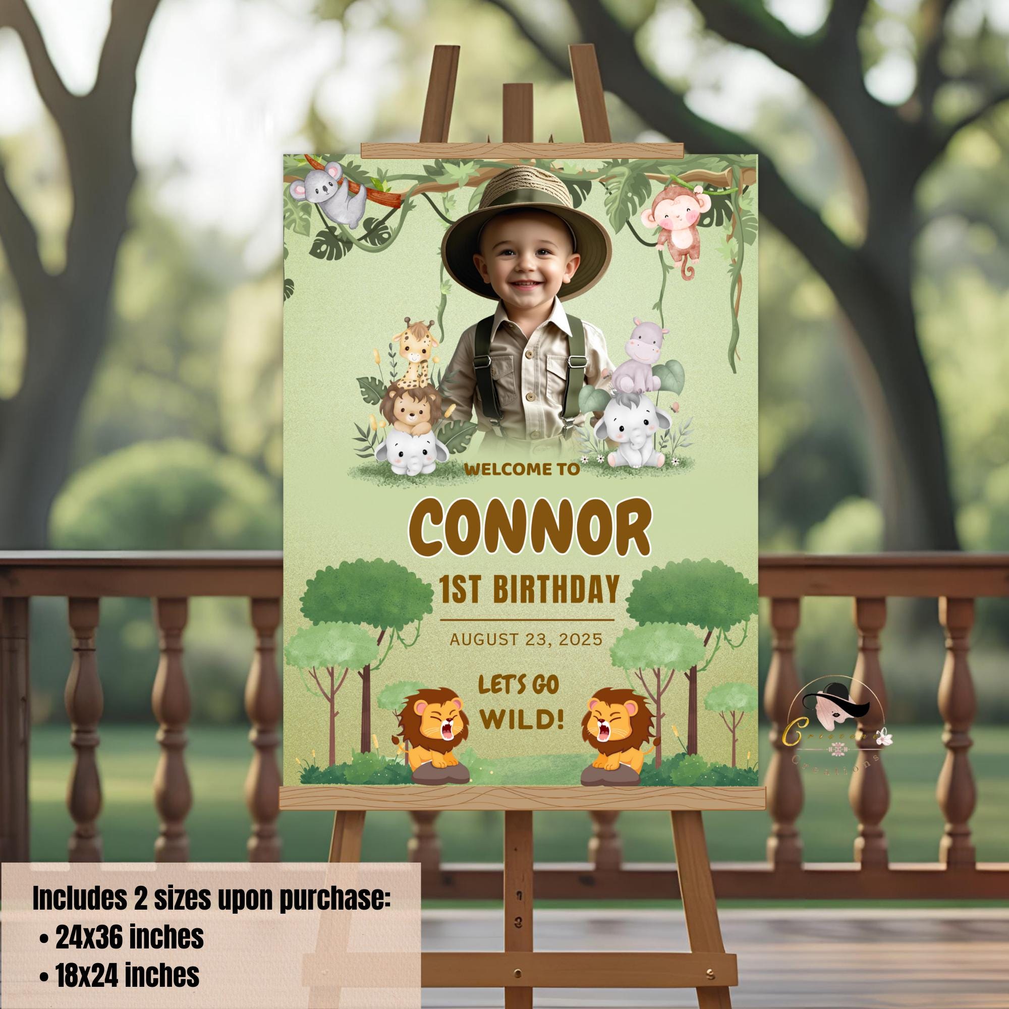 Safari Birthday Welcome Sign Kids Party sign Template Jungle Theme 1st Birthday Sign with photo Editable Wild One Printable Poster Board