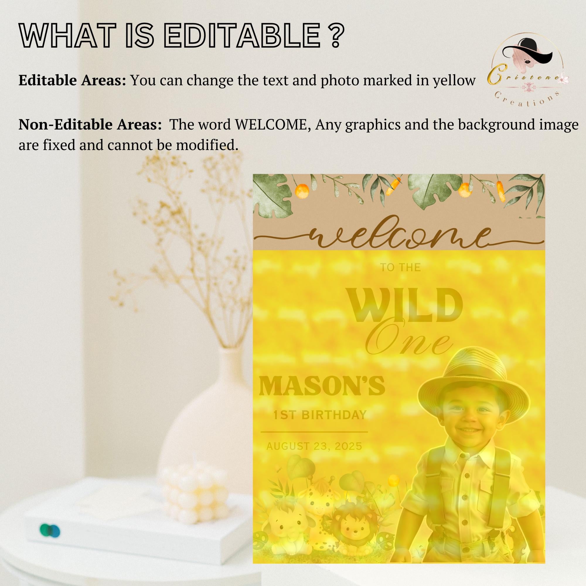 Editable Safari Birthday Party Welcome Sign with photo 1st Birthday Welcome Sign Board Wild One Poster Sign Printable Custom Jungle Decor