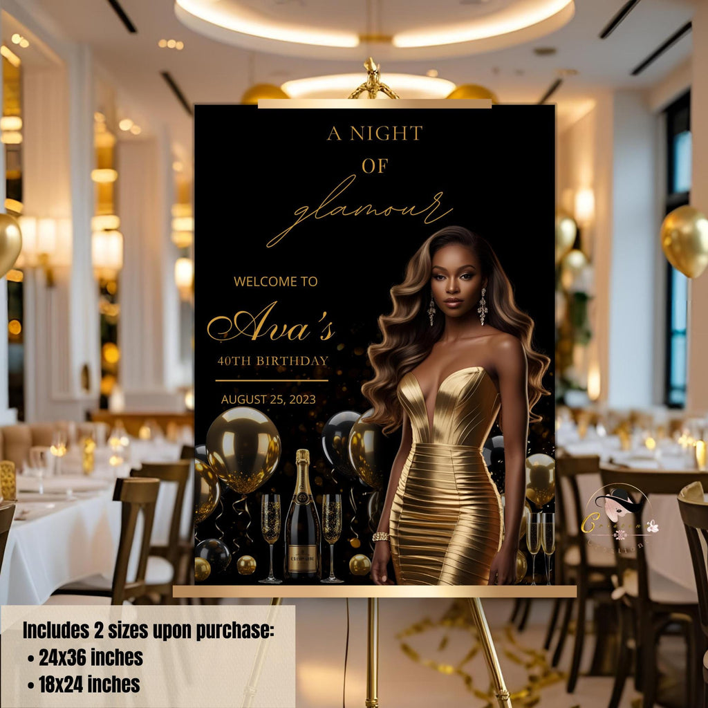 Editable Welcome Party Sign Black Gold Birthday Dinner Welcome Sign with photo Elegant Sign Board Printable Retirement Poster Sign Template