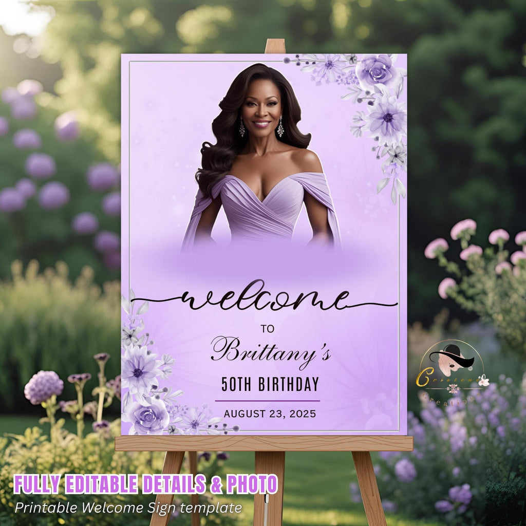 Editable Welcome Party Sign Purple Floral Birthday Dinner Sign Retirement party Sign Board Printable Poster Sign with photo Digital Template