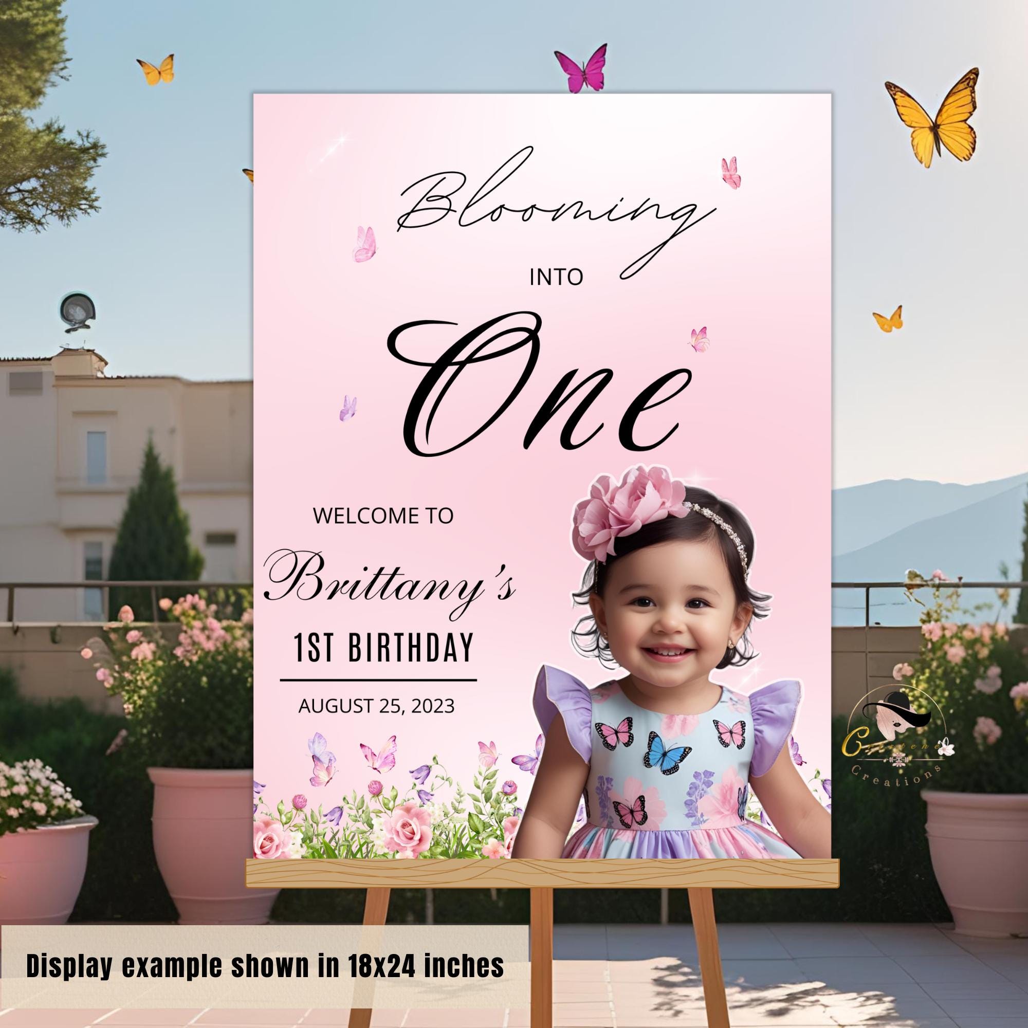 Floral 1st Birthday Welcome Sign with photo, Pink Wildflower (Printable Template)