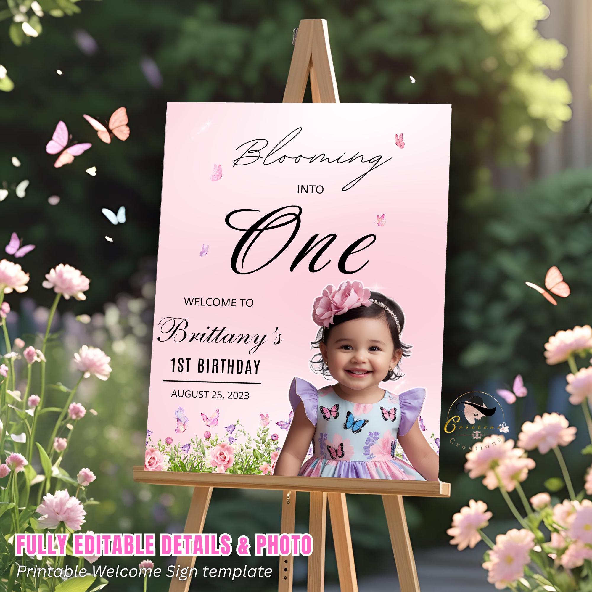 Floral 1st Birthday Welcome Sign with photo, Pink Wildflower (Printable Template)