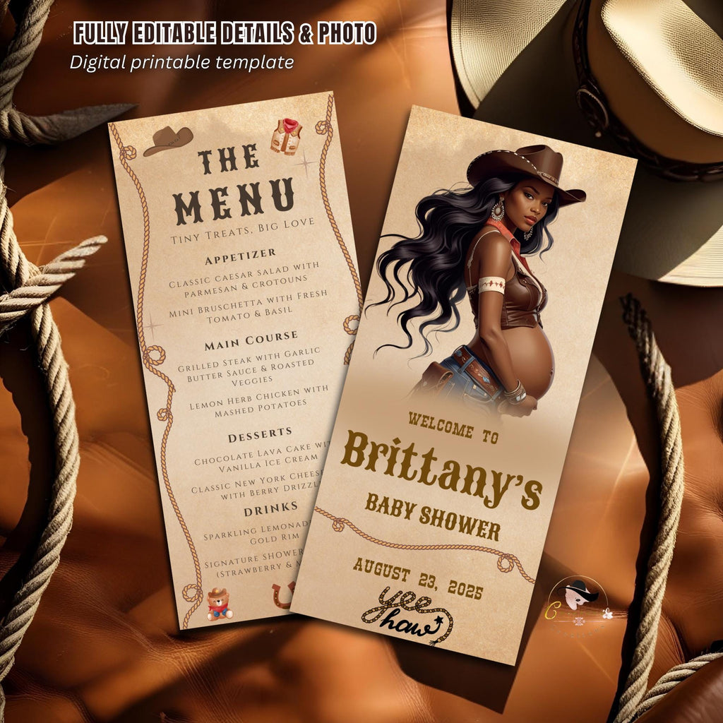 Editable Baby Shower Cowboy Menu Template Western Rodeo Party Menu Cards Printable Dinner Menu with photo Food Menu Double Sided Party Decor