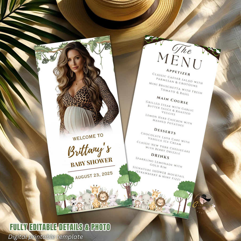 Safari Baby Shower Menu Template with photo Jungle Theme Menu cards Printable Dinner Menu Baby Shower Party Decor Double Sided Food Menu