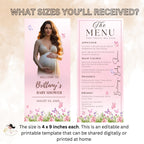 Editable Baby Shower Menu Template with photo Floral Dinner Menu cards printable Garden Double sided Menu Butterfly Baby Shower Party Decor