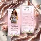 Editable Baby Shower Menu Template with photo Floral Dinner Menu cards printable Garden Double sided Menu Butterfly Baby Shower Party Decor