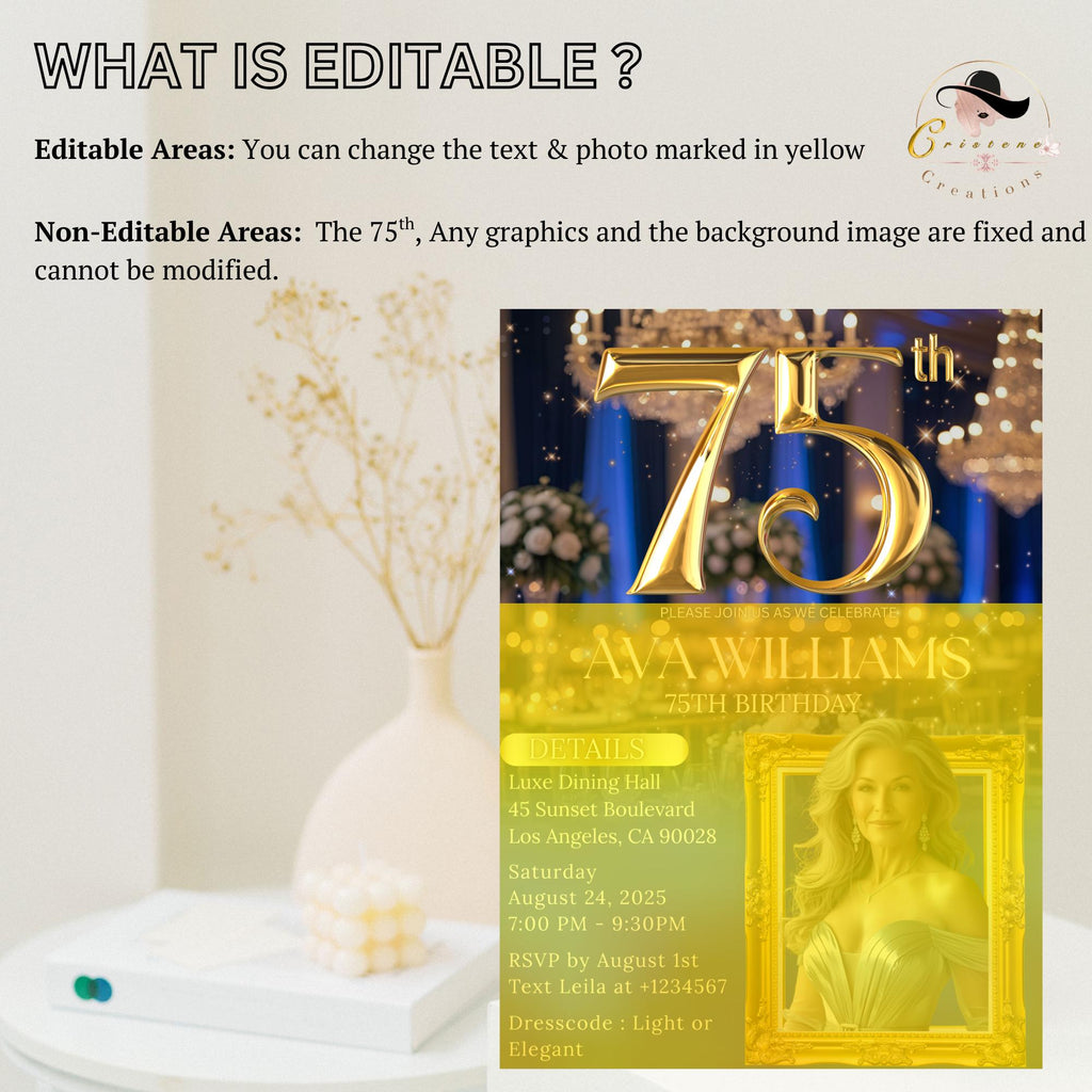 Digital 75th Birthday Invitation Blue Gold 75th Birthday Dinner invite with photo Woman Glam Luxury Birthday Brunch Party Printable Template