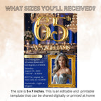 65th Birthday Invitation, Blue Gold Dinner Party (Digital Template)
