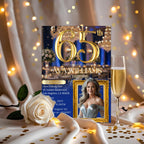 65th Birthday Invitation, Blue Gold Dinner Party (Digital Template)