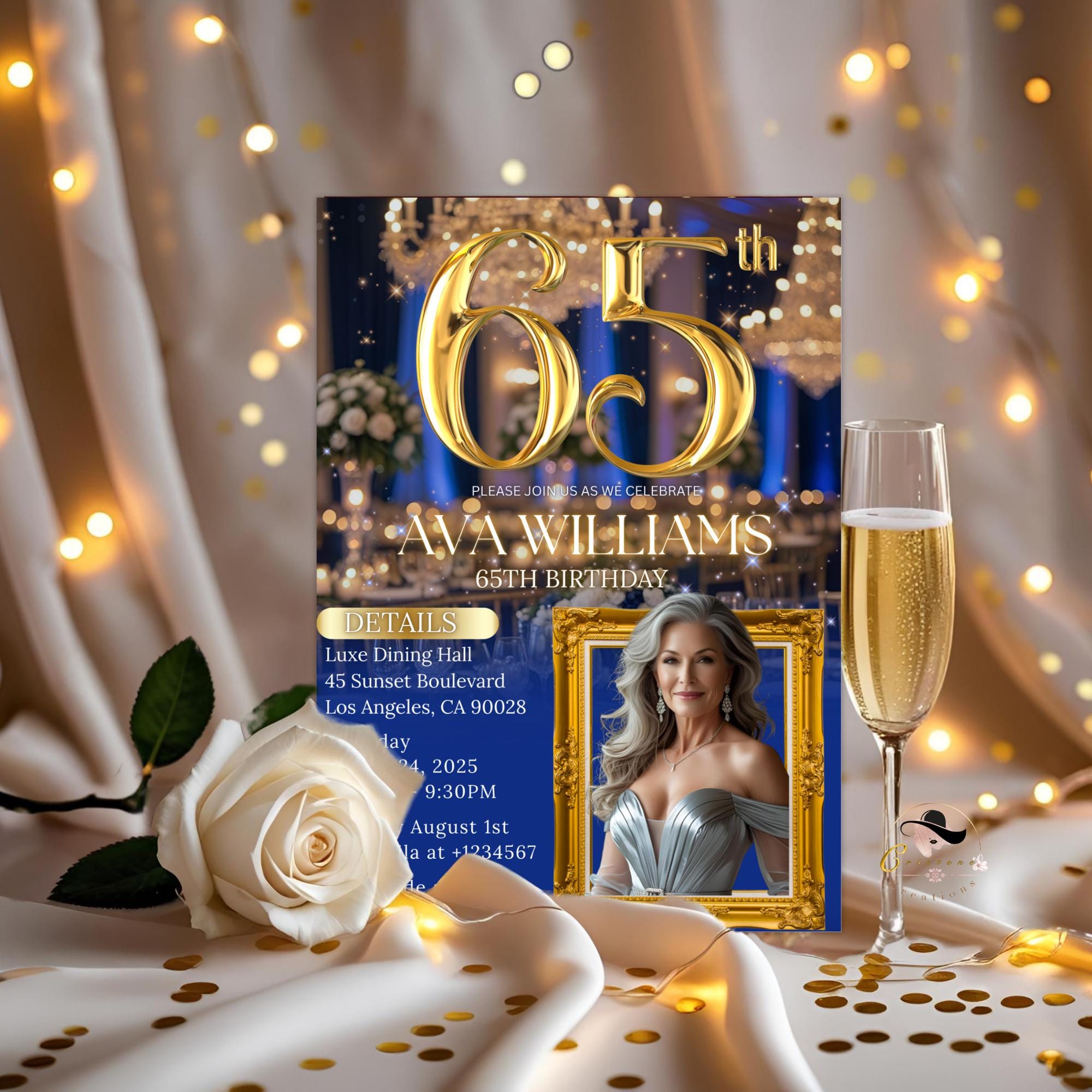65th Birthday Invitation, Blue Gold Dinner Party (Digital Template)