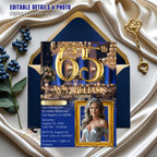 65th Birthday Invitation, Blue Gold Dinner Party (Digital Template)