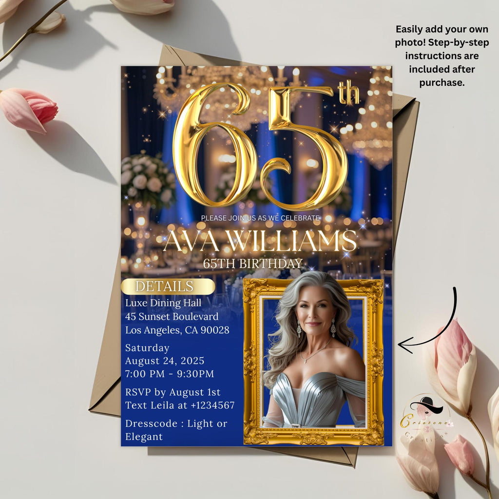 65th Birthday Invitation, Blue Gold Dinner Party (Digital Template)