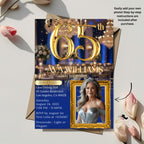 65th Birthday Invitation, Blue Gold Dinner Party (Digital Template)