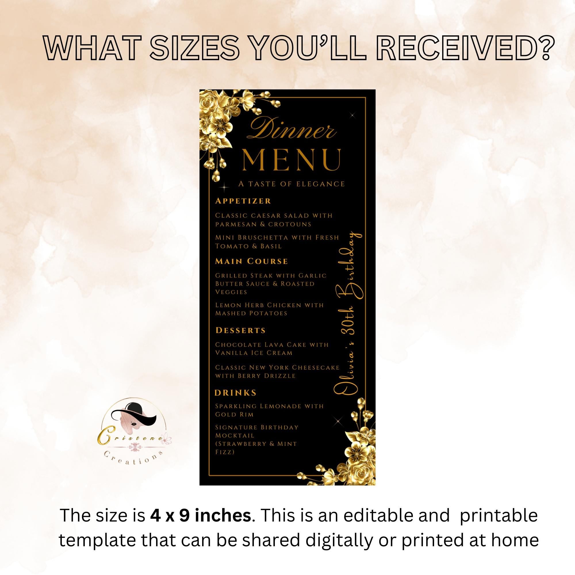 Editable Dinner Menu Template Black Gold Birthday Party Menu cards Printable Elegant Floral Brunch Menu, Retirement Menu with gold border