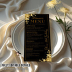Editable Dinner Menu Template Black Gold Birthday Party Menu cards Printable Elegant Floral Brunch Menu, Retirement Menu with gold border