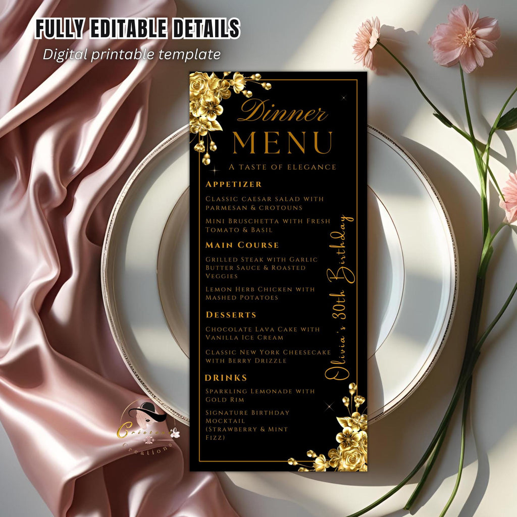Editable Dinner Menu Template Black Gold Birthday Party Menu cards Printable Elegant Floral Brunch Menu, Retirement Menu with gold border
