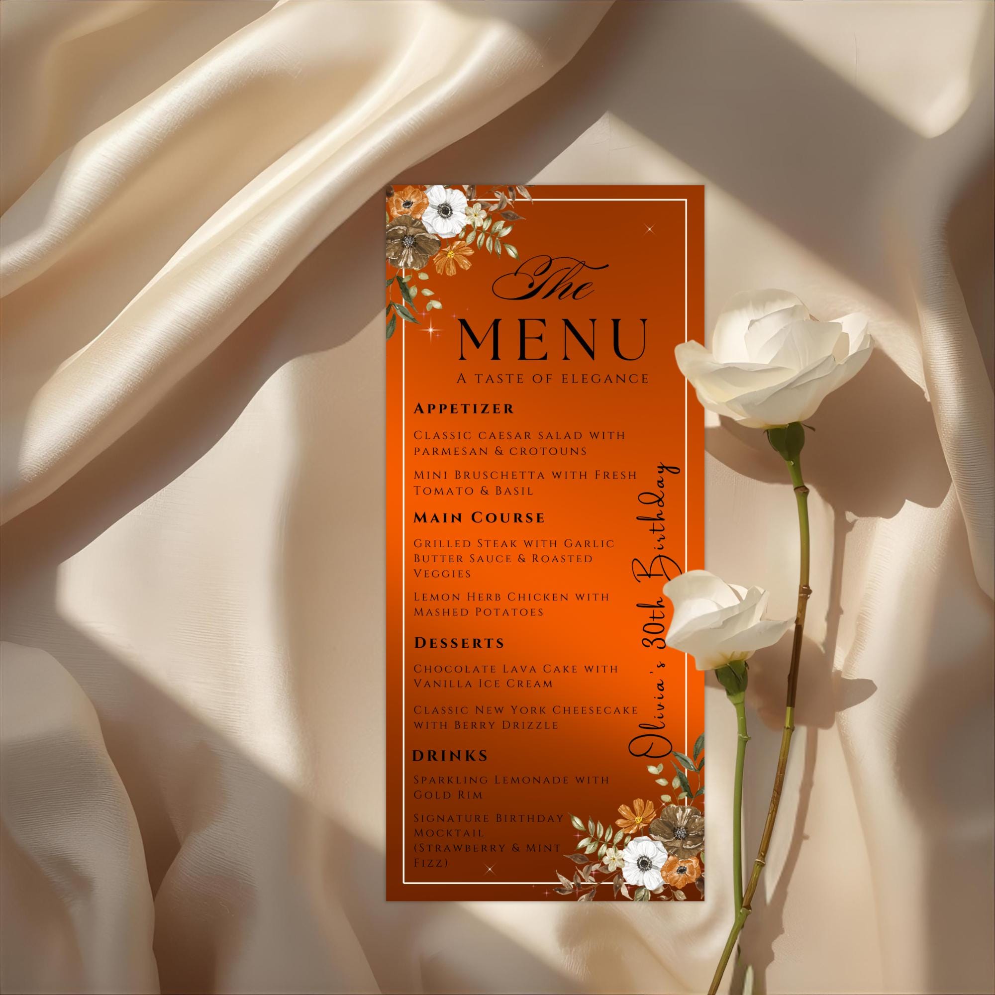 Editable Party Menu Template Floral Birthday Dinner Menu Card Printable, Elegant Brunch Menu with border, Orange Retirement Party Table Menu