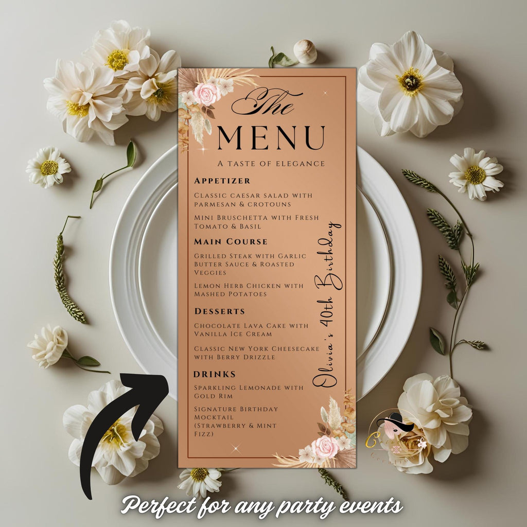 Boho Floral Menu Template, Elegant Dinner Party (Printable, Editable)