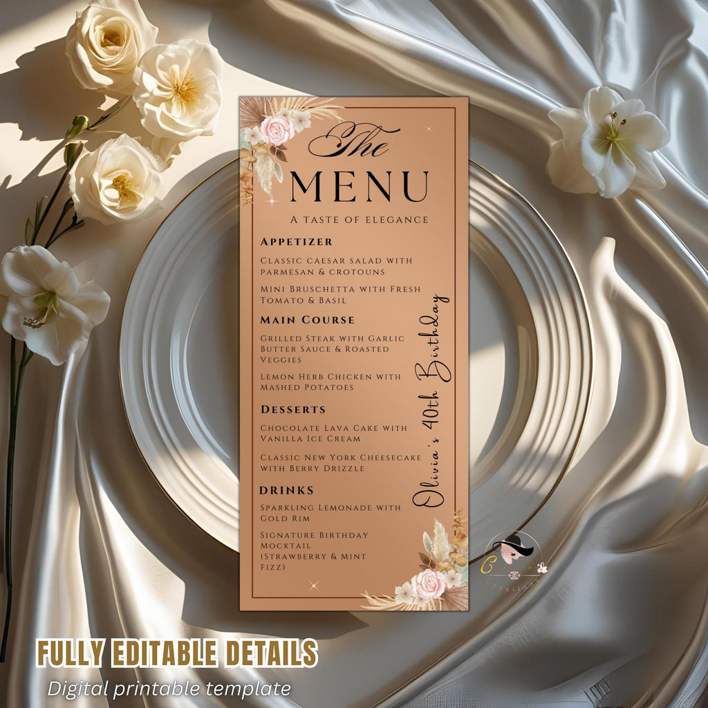 Boho Floral Menu Template, Elegant Dinner Party (Printable, Editable)