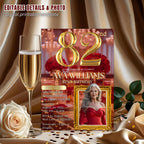 Digital 82nd Birthday Invitation Red Gold 82nd Birthday Dinner Invite with photo Woman Glam Luxury 82nd Brunch Rose Party Printable Template