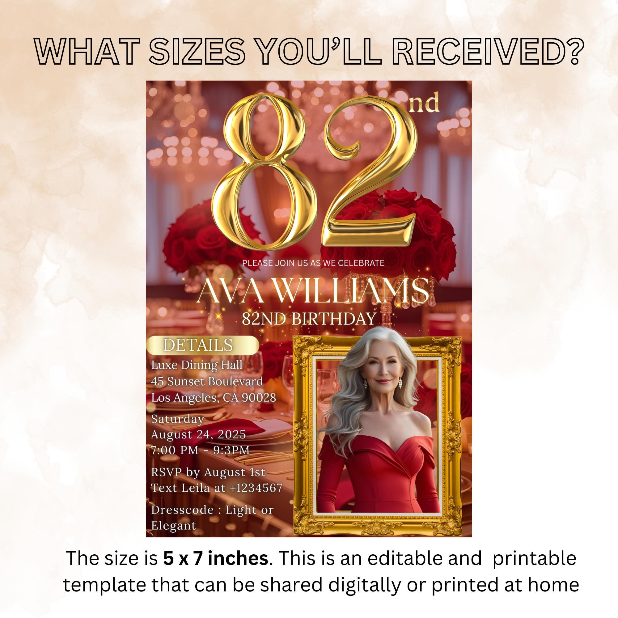 Digital 82nd Birthday Invitation Red Gold 82nd Birthday Dinner Invite with photo Woman Glam Luxury 82nd Brunch Rose Party Printable Template
