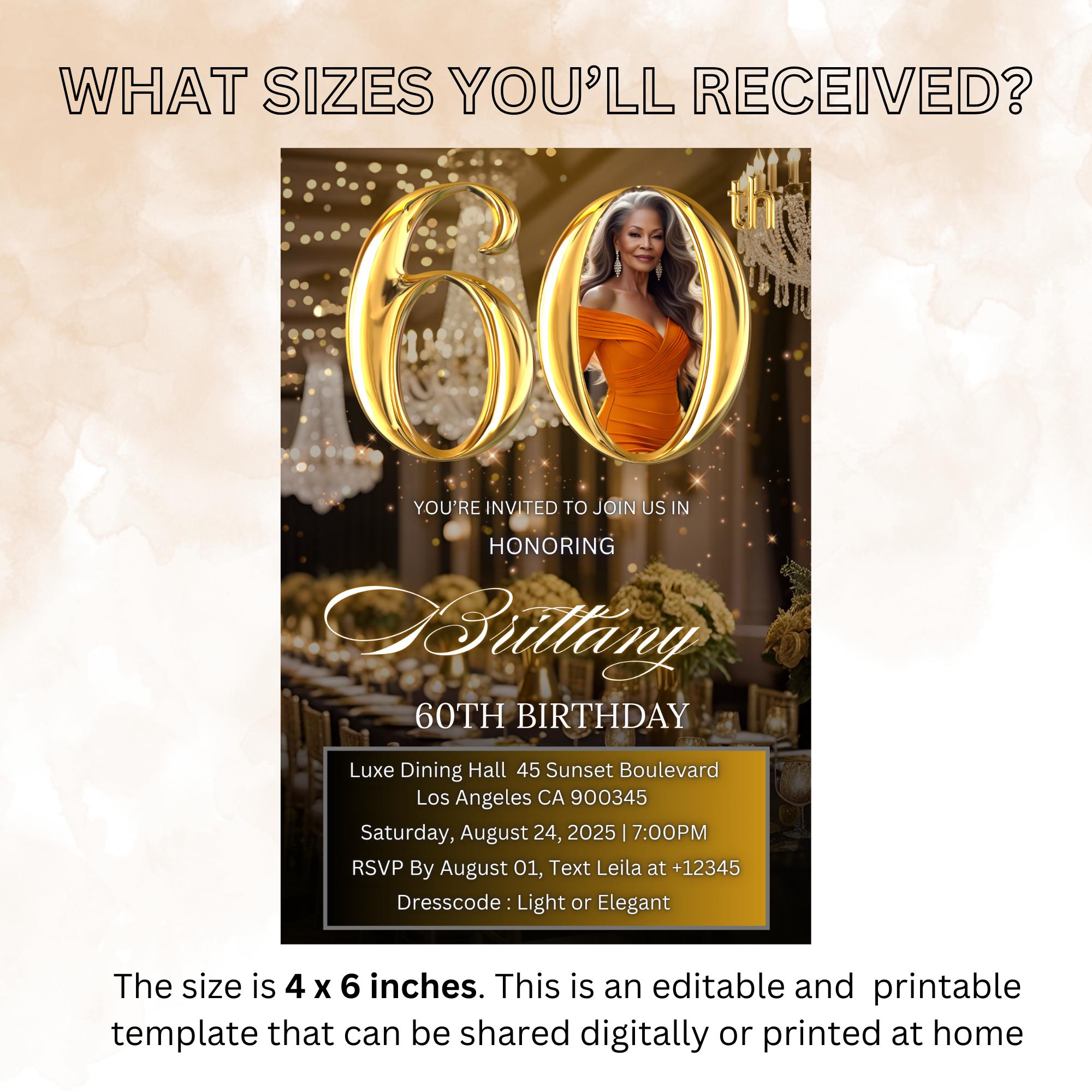 Digital 60th Birthday Invitation Woman Black Gold 60th Birthday Dinner with photo invite Glam Sixtieth Birthday Brunch Party Floral Template