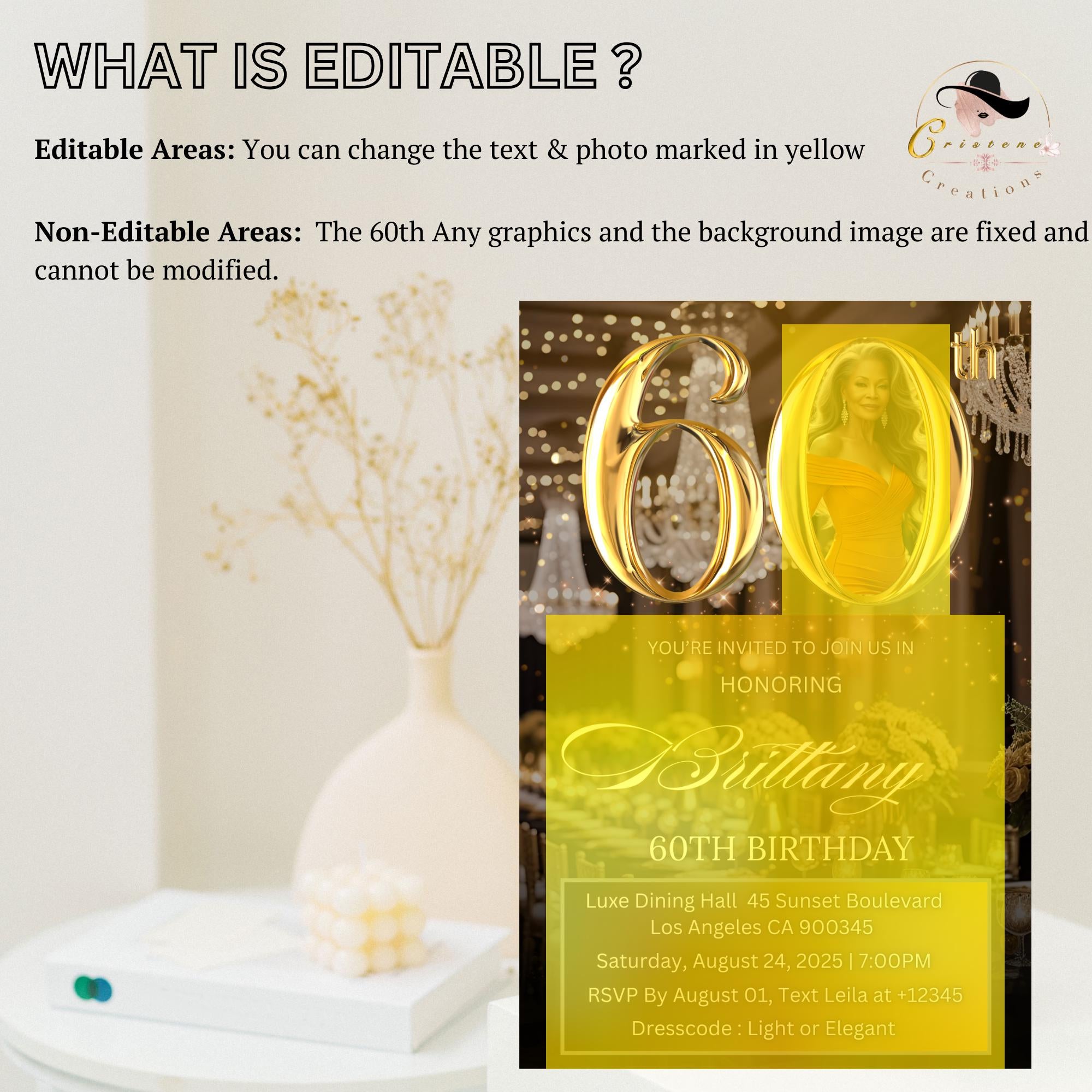 Digital 60th Birthday Invitation Woman Black Gold 60th Birthday Dinner with photo invite Glam Sixtieth Birthday Brunch Party Floral Template