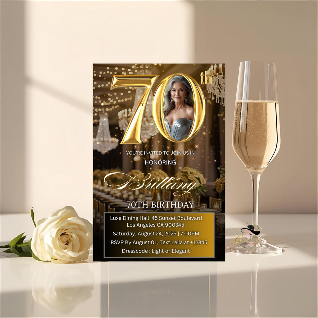 Digital 70th Birthday Invitation with photo Black Gold 70th Birthday Dinner invite Woman Seventieth Birthday Brunch Party Floral Template
