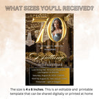 Digital 70th Birthday Invitation with photo Black Gold 70th Birthday Dinner invite Woman Seventieth Birthday Brunch Party Floral Template