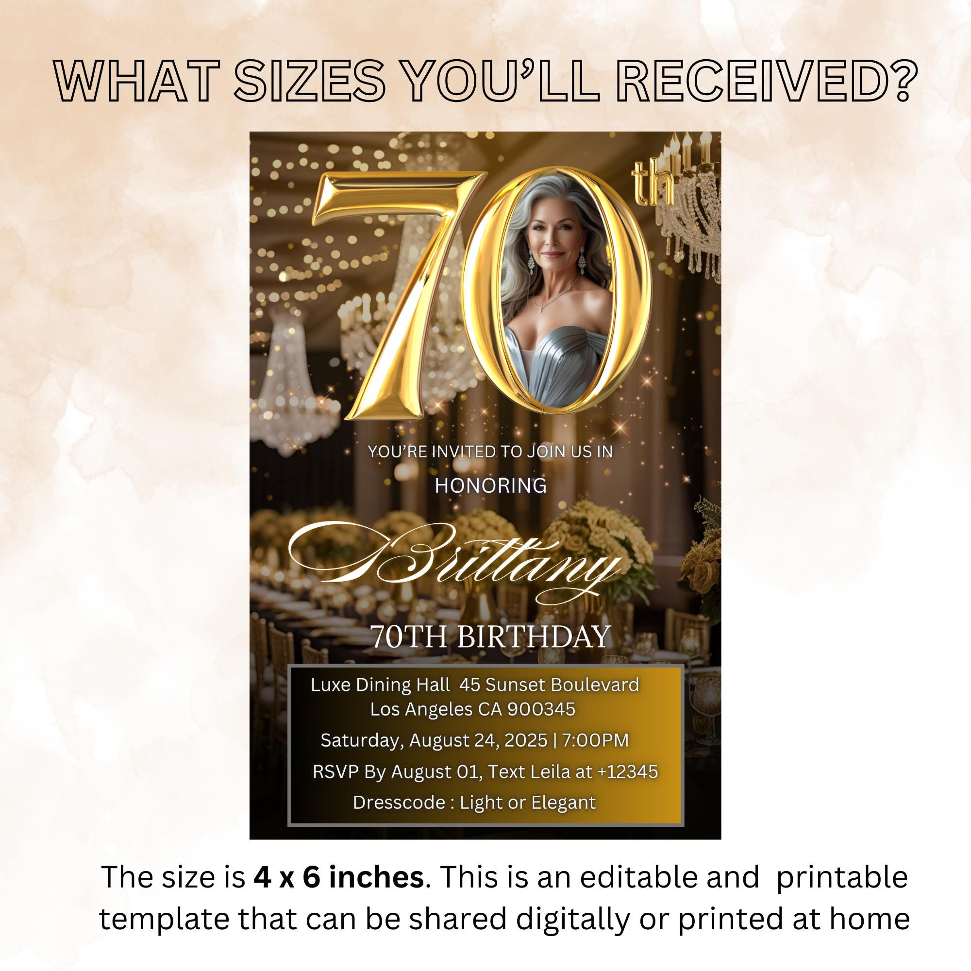 Digital 70th Birthday Invitation with photo Black Gold 70th Birthday Dinner invite Woman Seventieth Birthday Brunch Party Floral Template