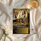 Digital 70th Birthday Invitation with photo Black Gold 70th Birthday Dinner invite Woman Seventieth Birthday Brunch Party Floral Template