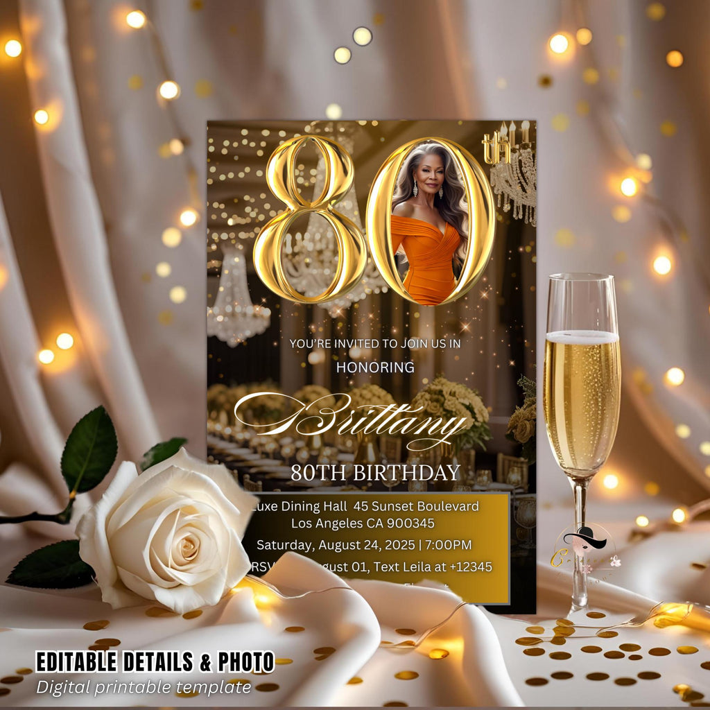 Digital 80th Birthday Invitation Black Gold 80th Birthday Dinner invite with photo Woman Eightieth Birthday Brunch Party Floral Template