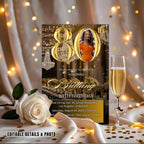 Digital 80th Birthday Invitation Black Gold 80th Birthday Dinner invite with photo Woman Eightieth Birthday Brunch Party Floral Template