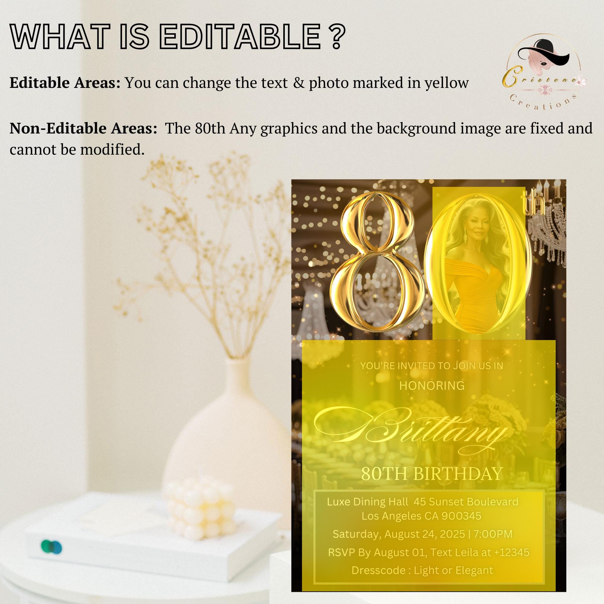 Digital 80th Birthday Invitation Black Gold 80th Birthday Dinner invite with photo Woman Eightieth Birthday Brunch Party Floral Template