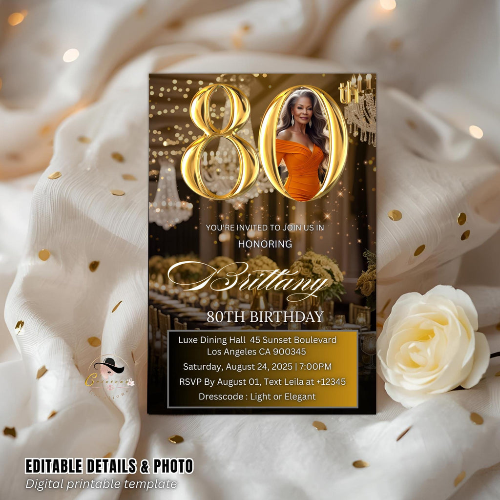 Digital 80th Birthday Invitation Black Gold 80th Birthday Dinner invite with photo Woman Eightieth Birthday Brunch Party Floral Template