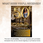 Digital 50th Birthday Invitation Black Golden 50th Birthday Dinner invite with photo Elegant Birthday party woman card Printable Template