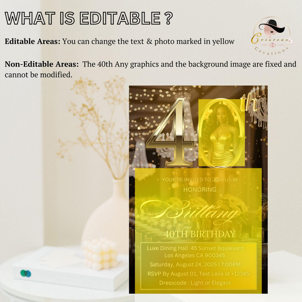 Digital 40th Birthday Invitation Black Gold 40th Birthday Dinner Invite with photo Woman Elegant Forty Birthday Brunch Floral Party Template