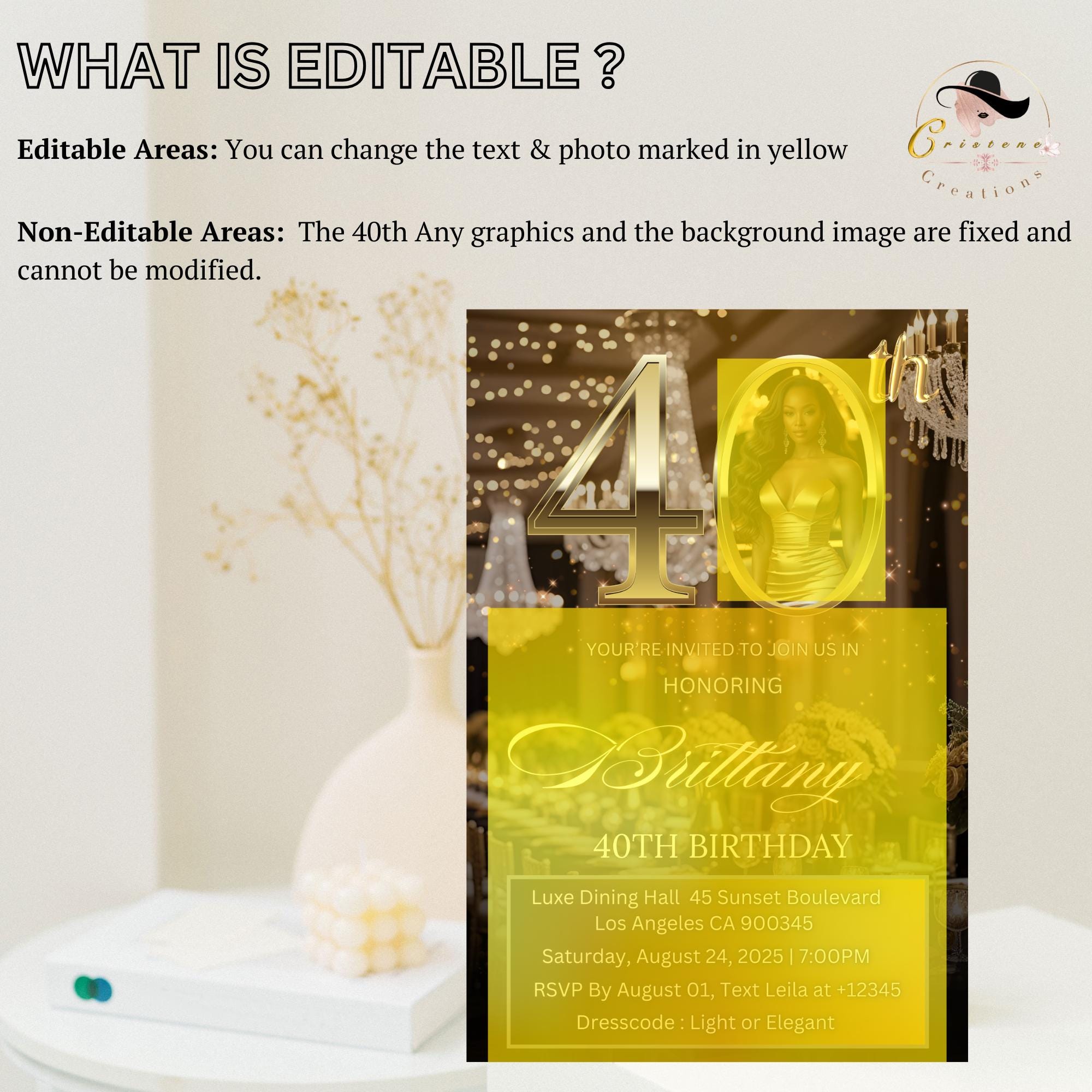 Digital 40th Birthday Invitation Black Gold 40th Birthday Dinner Invite with photo Woman Elegant Forty Birthday Brunch Floral Party Template