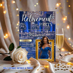 Digital Retirement Party Invitation with photo Blue Gold Surprise Retirement Dinner invite Retired Woman Farewell Party Printable Template