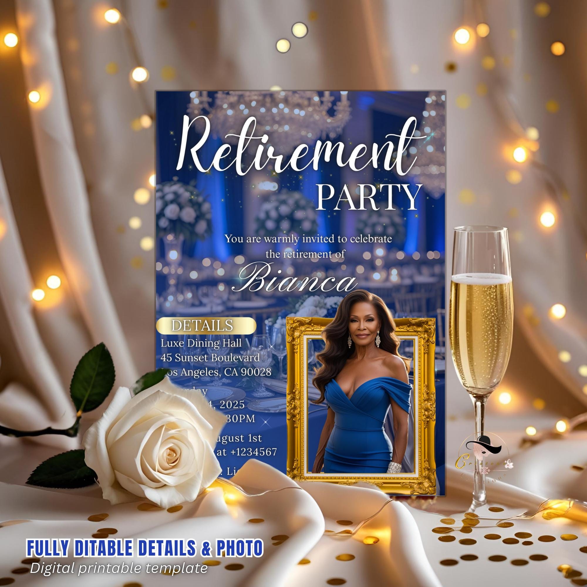 Digital Retirement Party Invitation with photo Blue Gold Surprise Retirement Dinner invite Retired Woman Farewell Party Printable Template