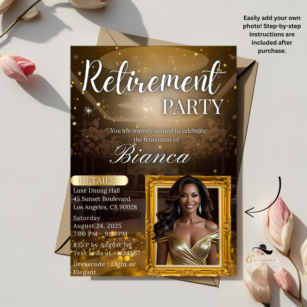 Editable Retirement Party Invitation Black Gold Retirement Dinner with photo invite Retired woman Surprise Farewell Party Digital Template