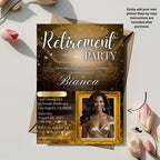 Editable Retirement Party Invitation Black Gold Retirement Dinner with photo invite Retired woman Surprise Farewell Party Digital Template