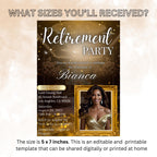Editable Retirement Party Invitation Black Gold Retirement Dinner with photo invite Retired woman Surprise Farewell Party Digital Template