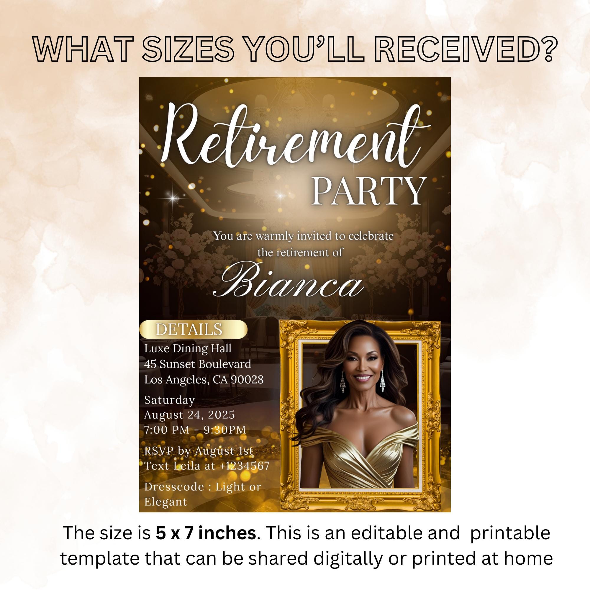 Editable Retirement Party Invitation Black Gold Retirement Dinner with photo invite Retired woman Surprise Farewell Party Digital Template