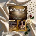Editable Retirement Party Invitation Black Gold Retirement Dinner with photo invite Retired woman Surprise Farewell Party Digital Template