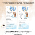 Editable Baby Shower Menu and Program Template, Teddy Bear Party Shower Menu, Printable Baby Shower Itinerary Card, We Can Bearly Wait Decor