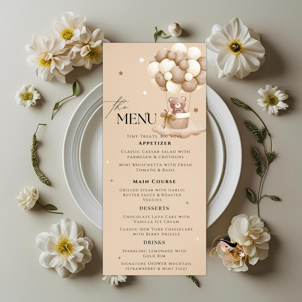 Editable Baby Shower Menu and Program Template Gender Neutral Bear Party Menu, Printable Itinerary Card, Brown Baby Shower Order of events